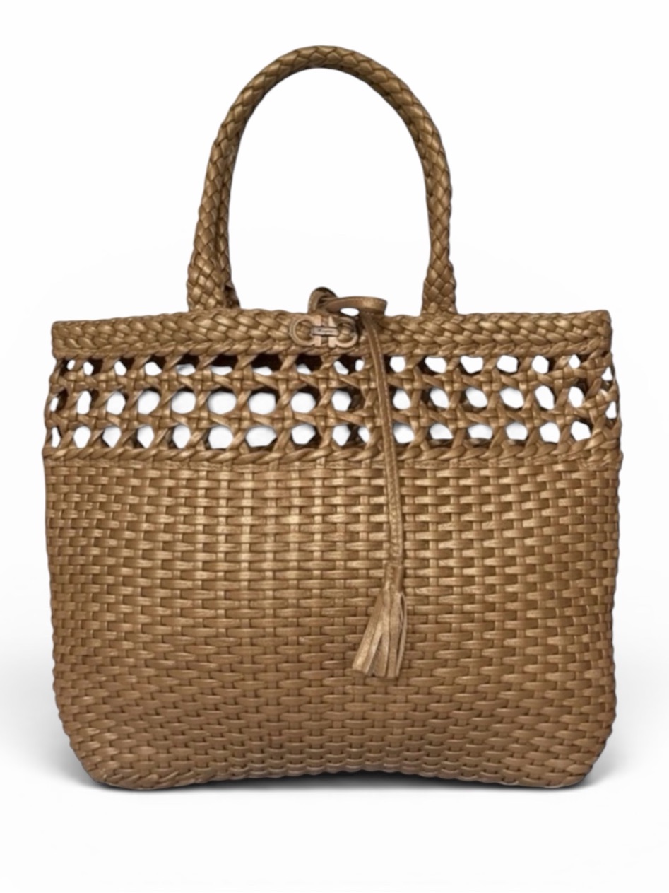 New Salvatore Ferragamo Metallic Bronze Large Woven Leather Gancini Tote Bag